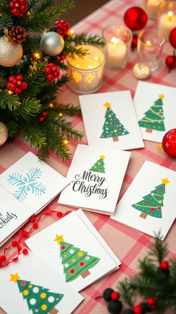 A variety of DIY Christmas cards with festive designs on a decorated table.